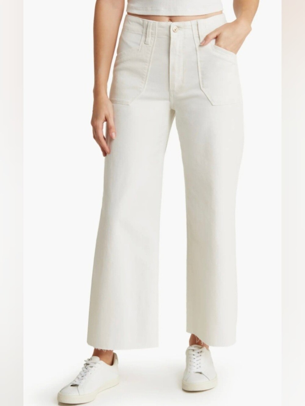 NWOT PAIGE Anessa High Rise Wide Leg Raw Hem Crop Utility Jeans White Size 31